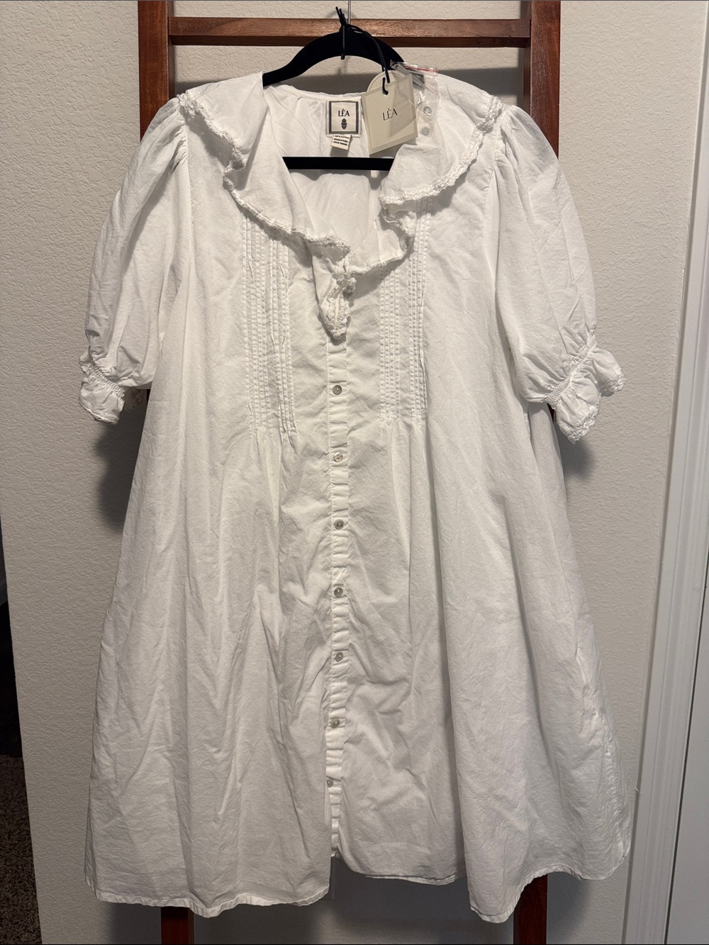 White Cotton Mini Dress with Ruffle Collar
